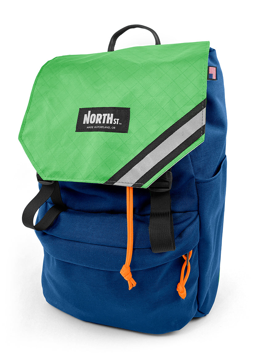 Front view of stylish backpack pannier in midnight and green. Morrison Backpack Pannier 22L - North St. Bags