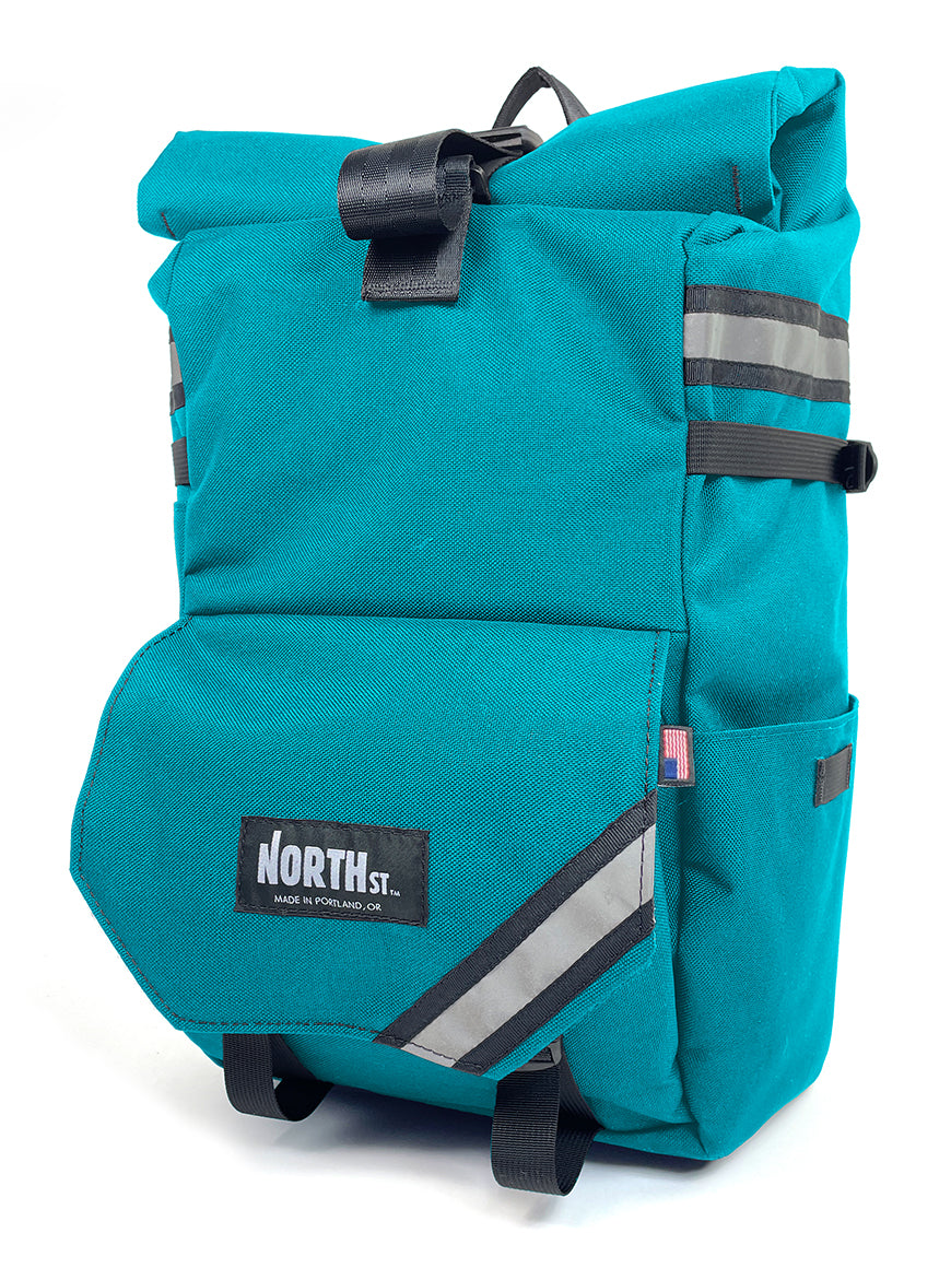 Front view of Woodward Backpack Pannier in teal - North St Bags
