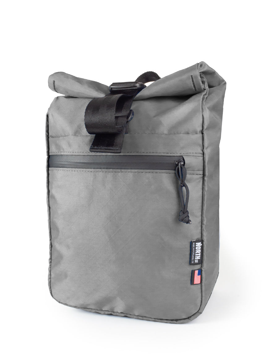 front view of commuter micro pannier in charcoal gray