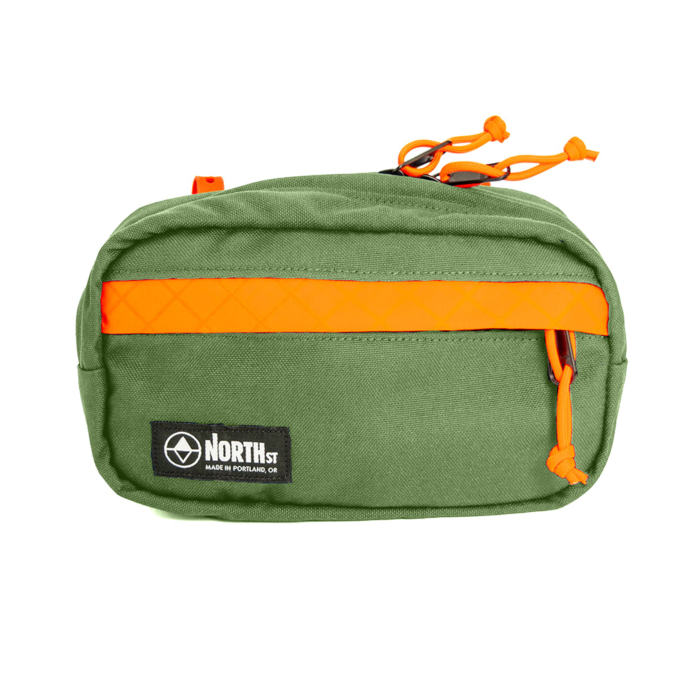 Front view of Pioneer 9 Handlebar Pack in Moss and Orange