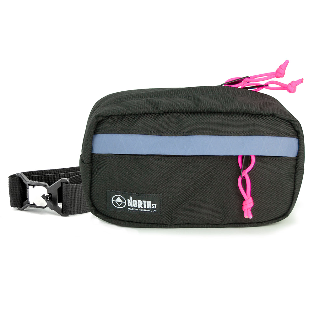 pioneer 9 hip pack in black with black plum and north st label