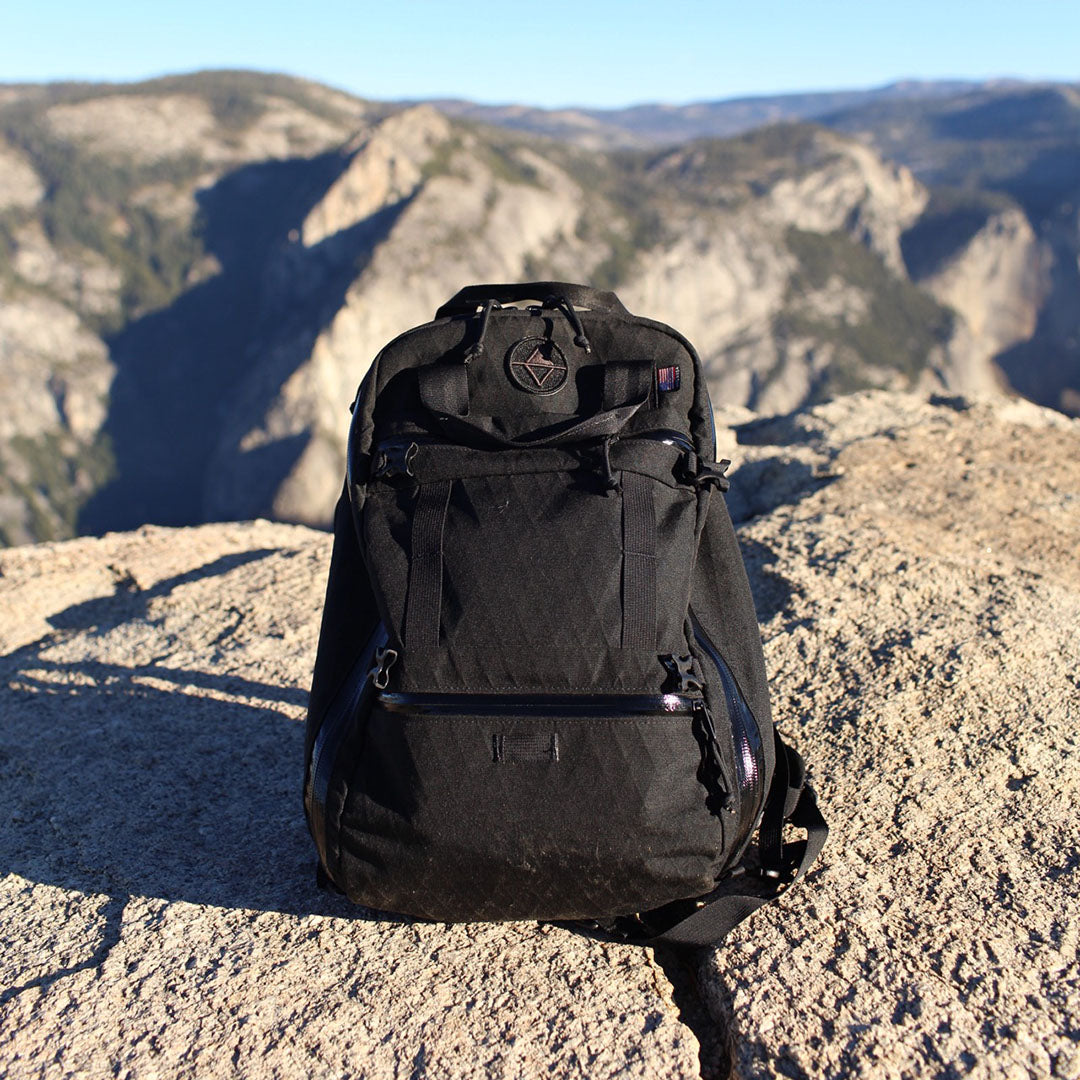 Weekender backpack on a mountaintop
