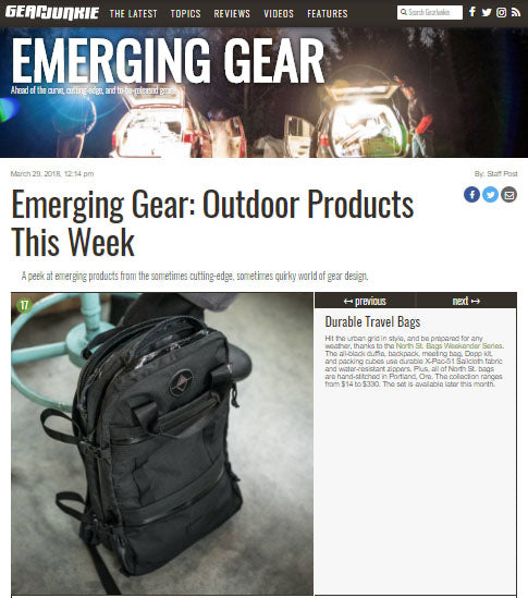 Weekender Travel Series Featured in Gear Junkie's Emerging Gear