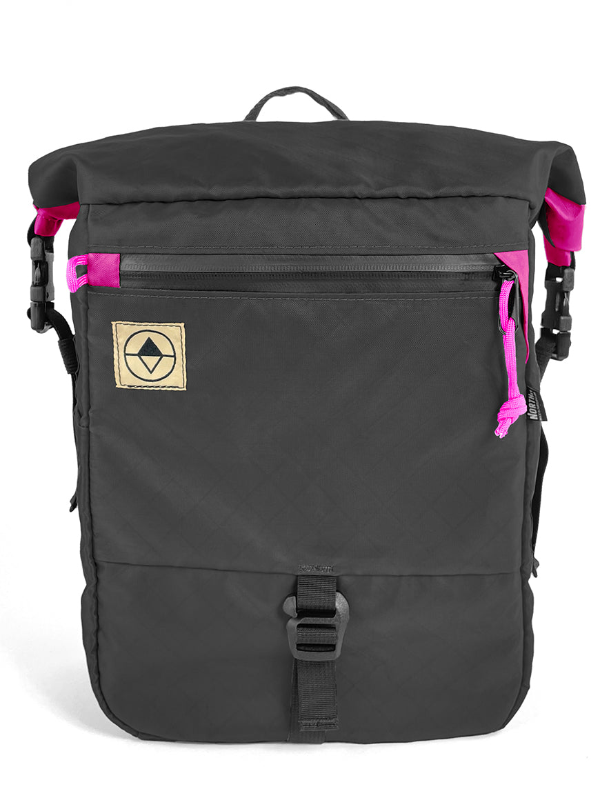Front view of Adventure Micro Pannier 14L in black and pink - North St. Bags
