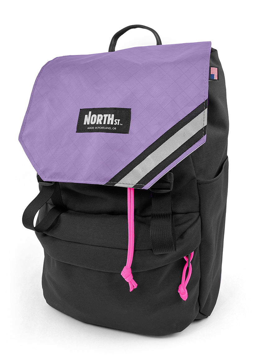 Front view of stylish backpack pannier in black and plum. Morrison Backpack Pannier 22L - North St. Bags