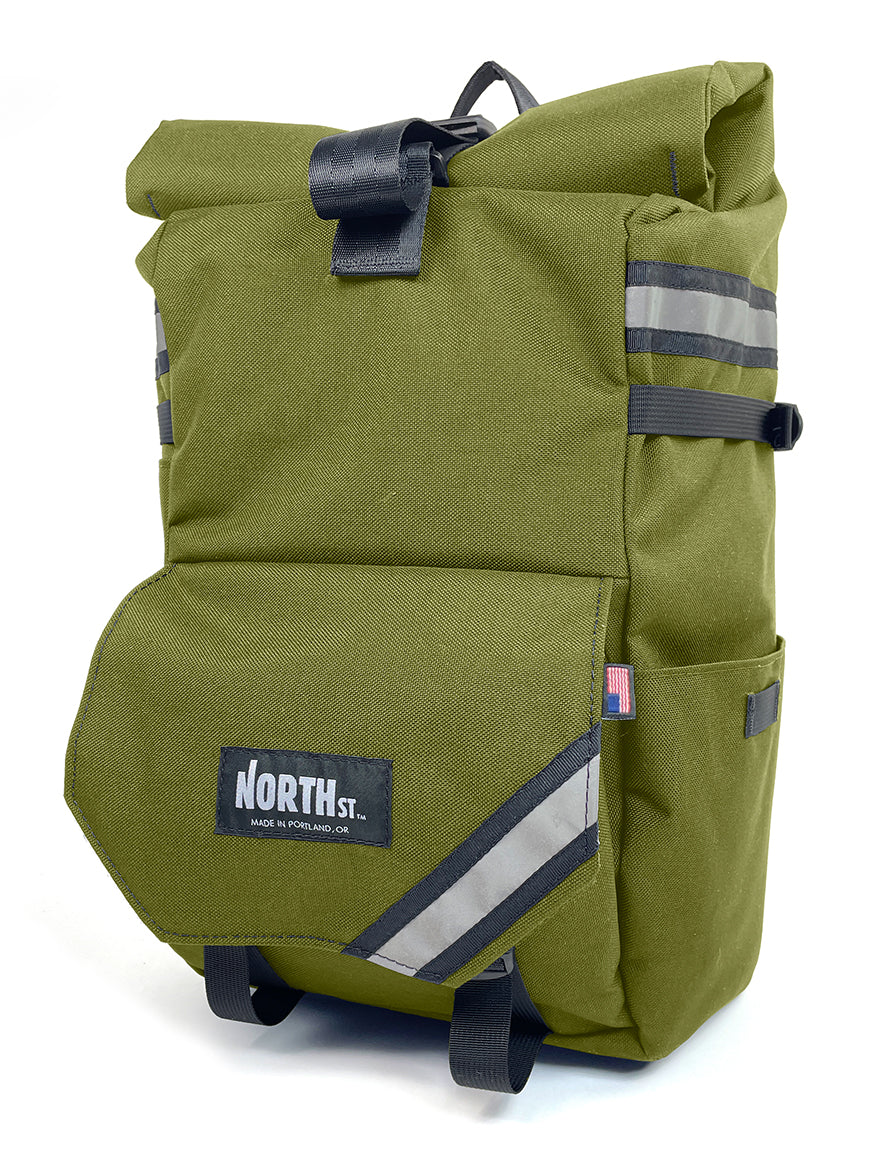 Front view of Woodward Backpack Pannier in olive green - North St Bags