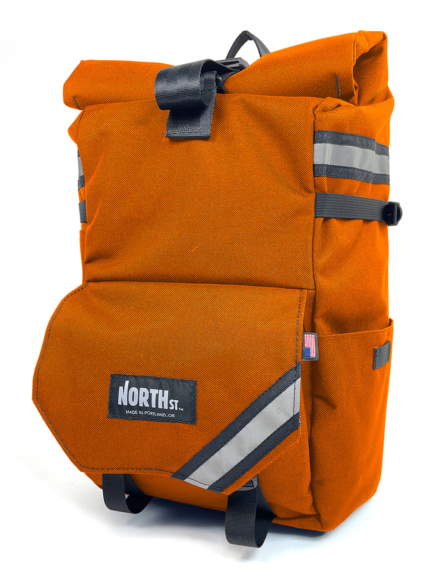 Front view of Woodward Backpack Pannier in orange - North St Bags