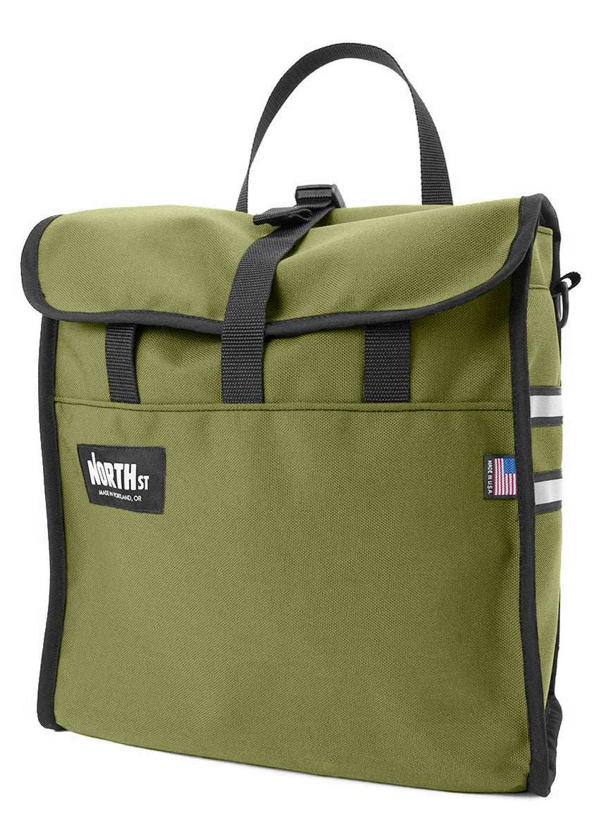 Front view of grocery pannier in olive green - North St. Bags