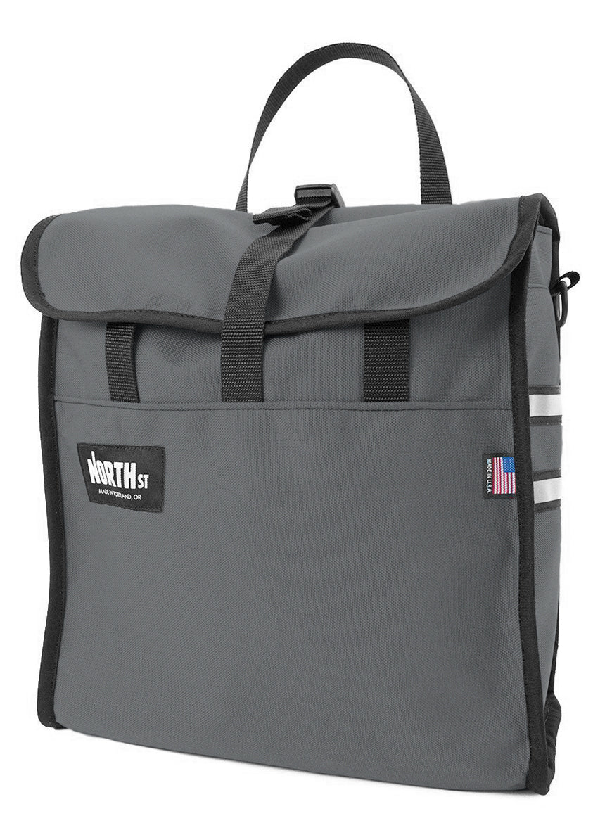 Front view of grocery pannier in steel gray - North St. Bags