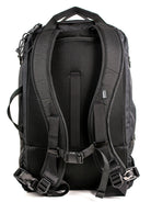 Back view of a black travel backpack showing backpack straps, premium buckle attachments and carry handles on a white background.