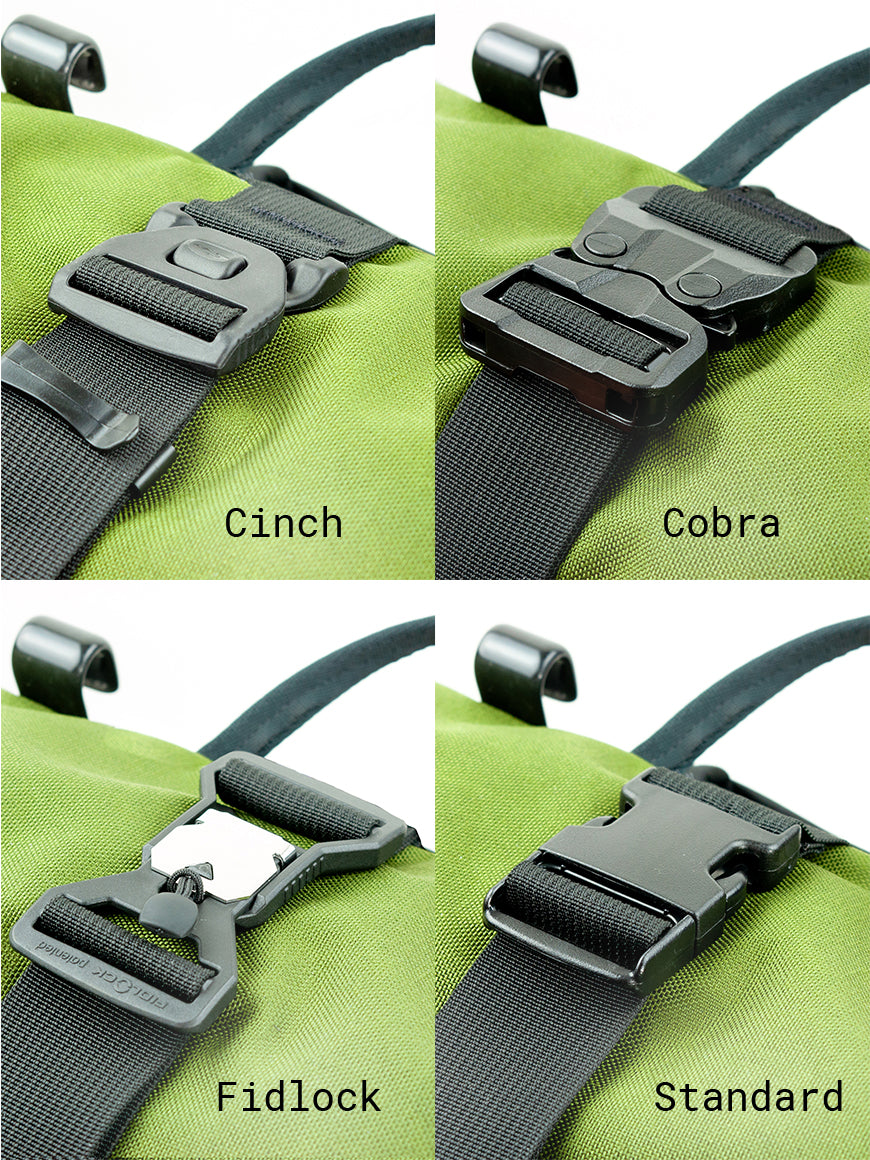 Four types of closure buckles  labeled 'Cinch', 'Cobra', 'Fidlock', and 'Standard' on a green green bag. all-groups